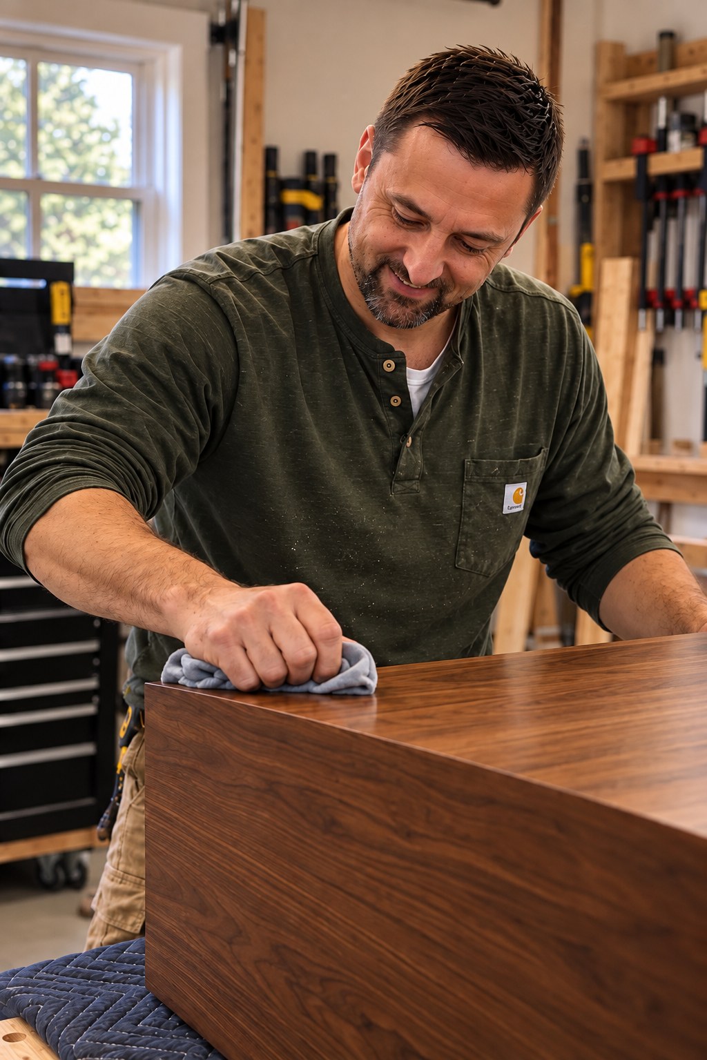 Neil wiping down a finished walnut cabinet in the shop