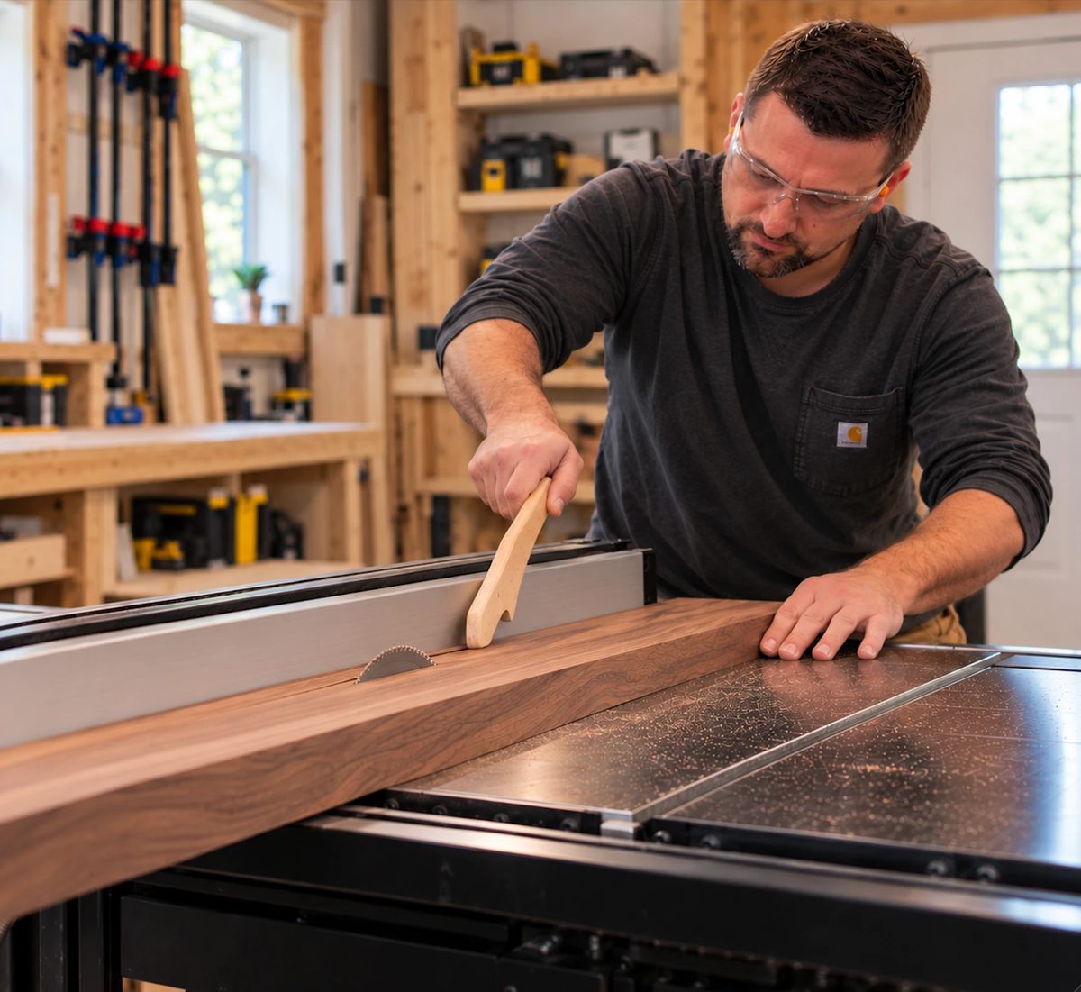 Neil cutting a walnut board on the table saw in the shop
