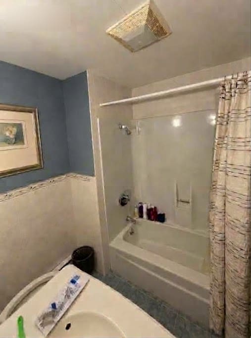 Example of the current bathroom: fiberglass tub and shower surround with a shower curtain