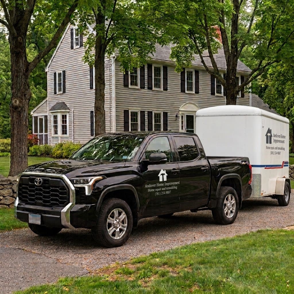 Black pickup pulling a covered white trailer in a driveway in front of a clapboard house