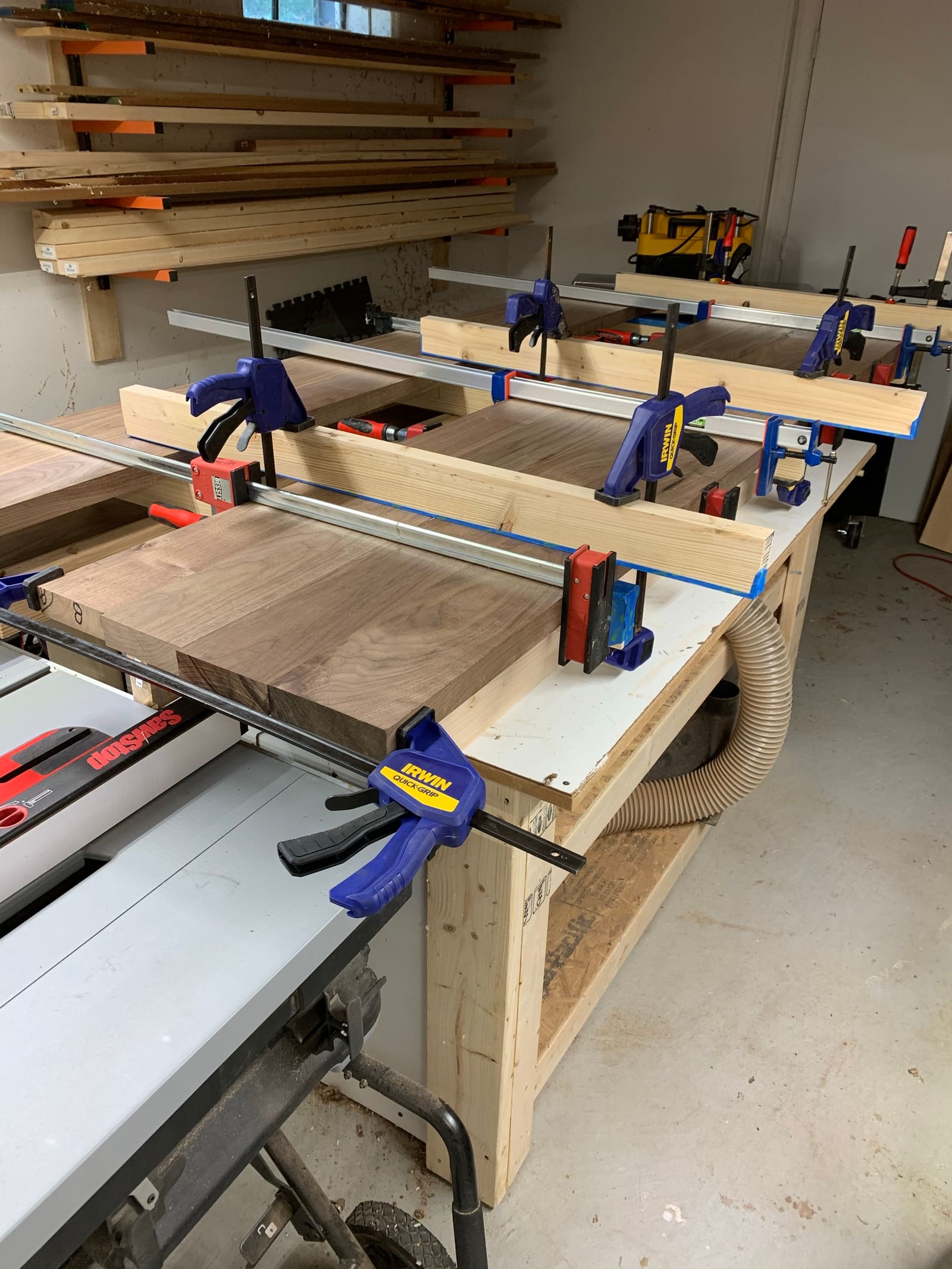 Walnut boards clamped together for the tabletop glue-up